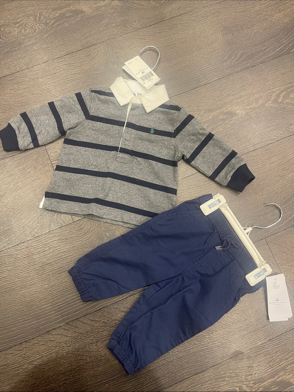 Polo by Ralph Lauren Grey & Navy Striped Polo Top with Navy Joggers